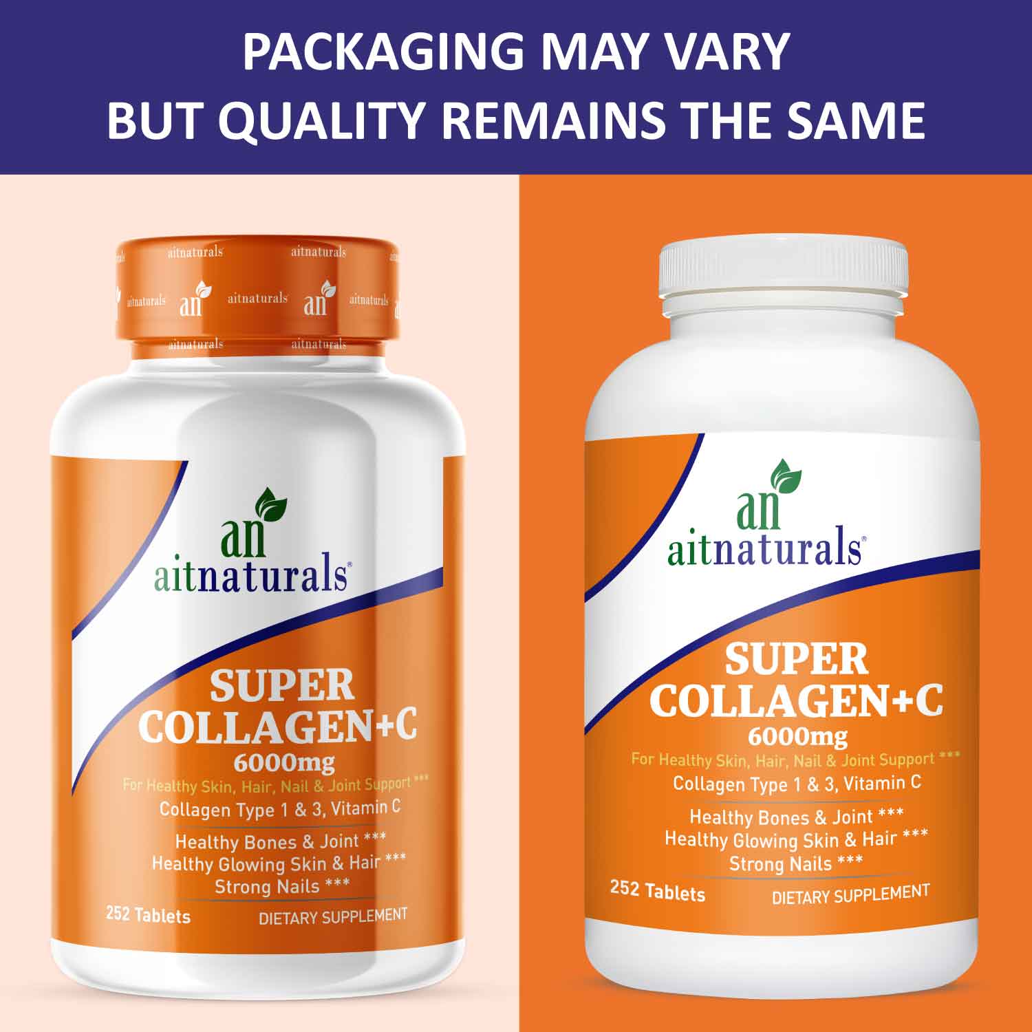 New Package of Aitnaturals Super Collagen + Vitamin C 252 Tablets