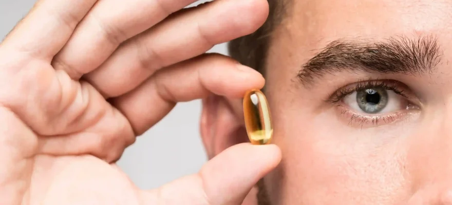 man-holding-yellow-pill-his-face_11zon Omega-3 Can Help Treat Dry Eye